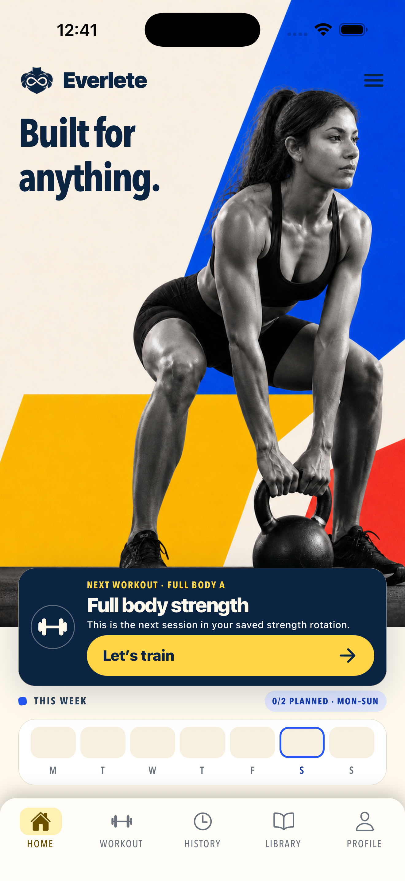 The actual Everlete beta Home screen, showing one strength day within a multi-mode training plan