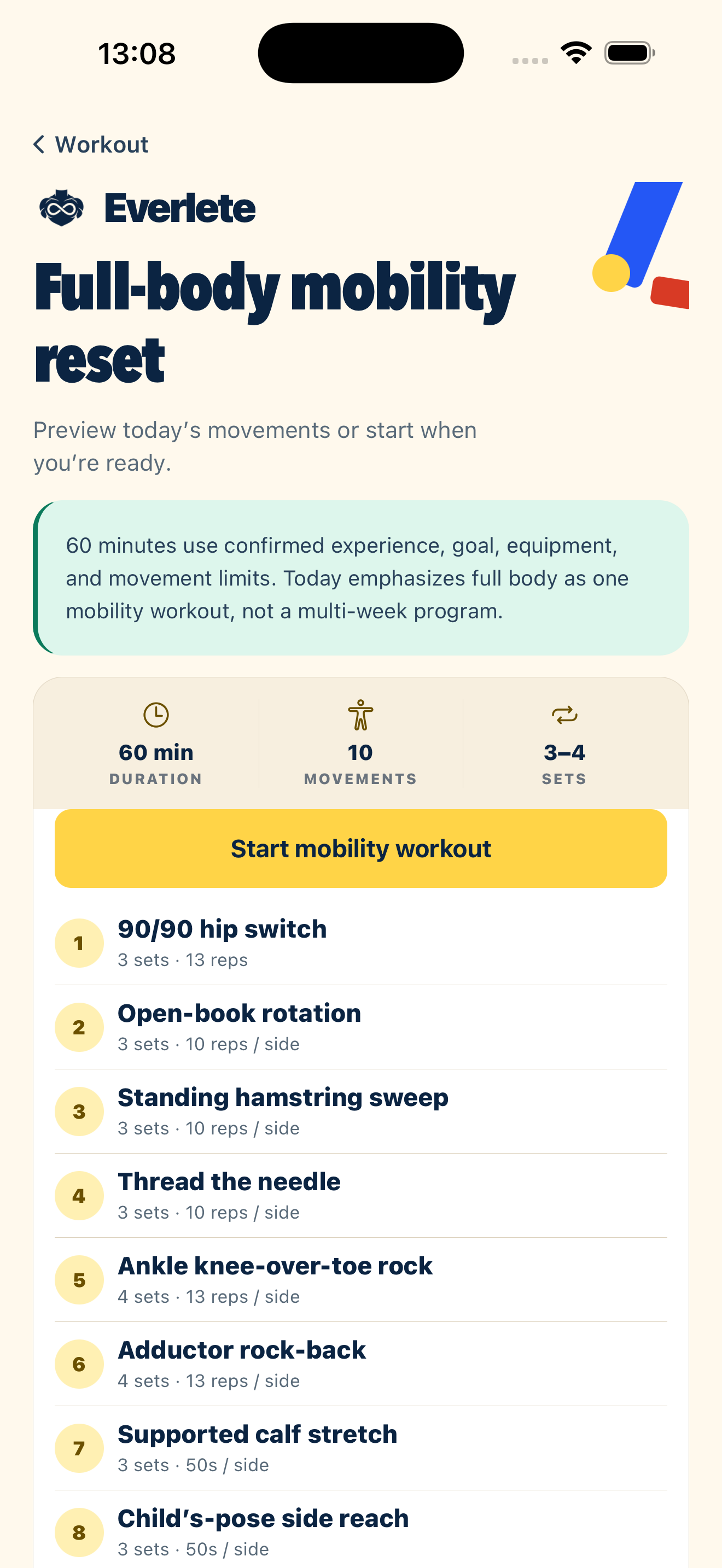 Actual Everlete full-body mobility workout preview with duration, movements and set targets