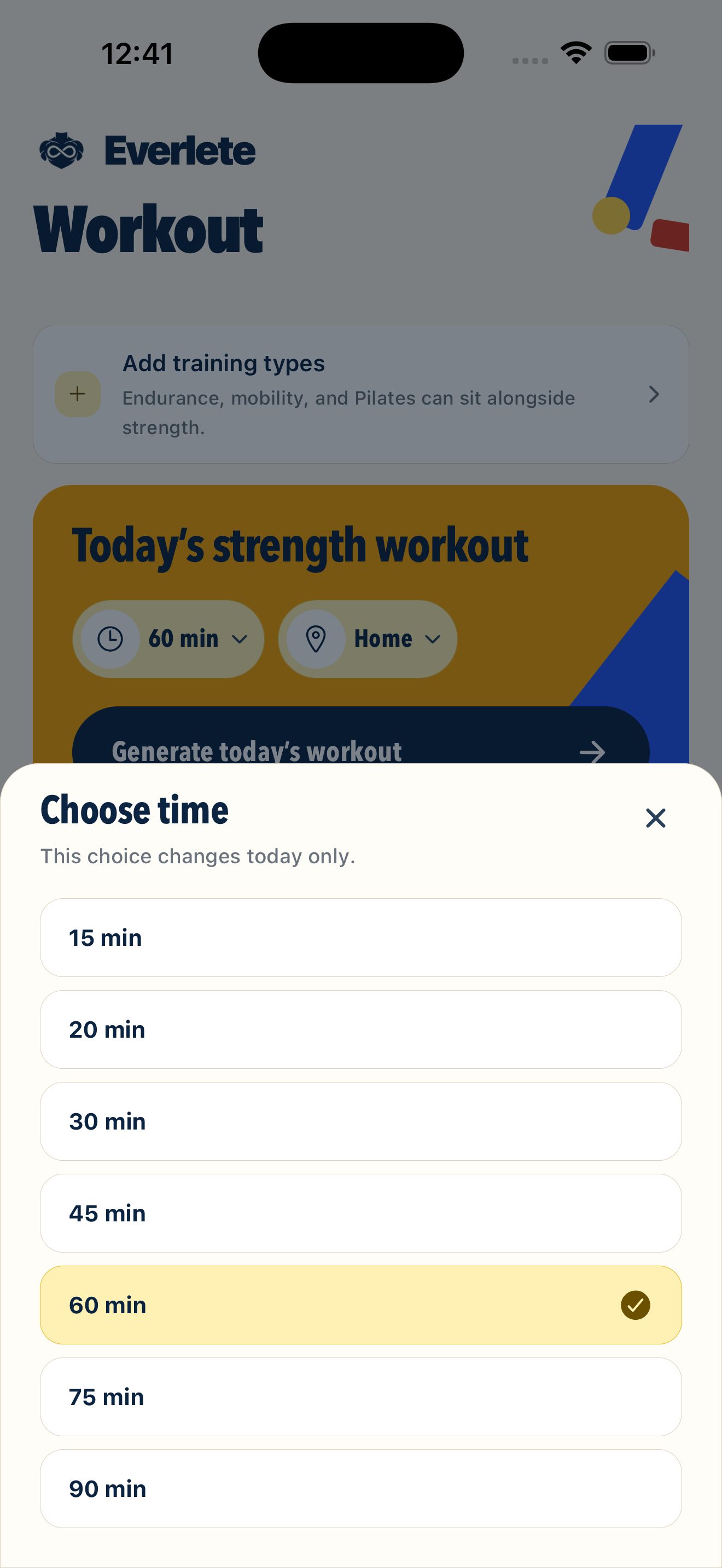 Actual Everlete strength workout screen showing today's available time choices