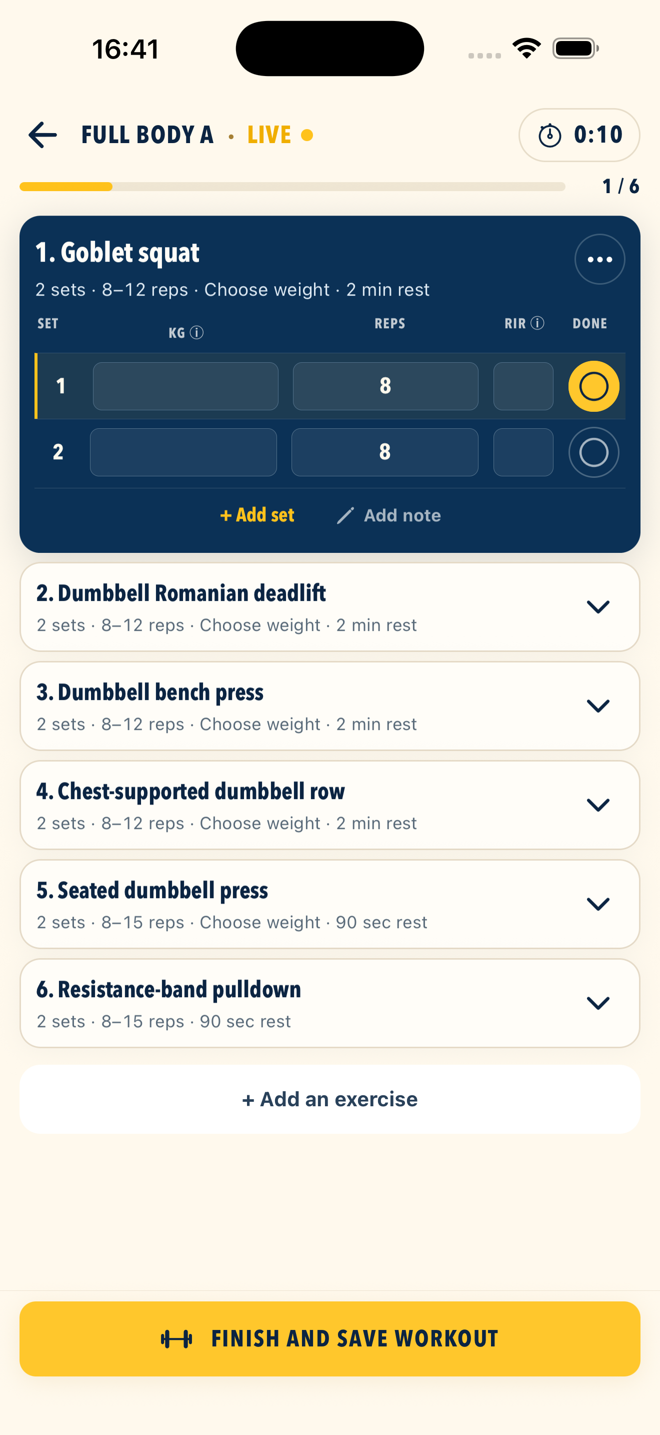 Actual Everlete live strength workout logger with sets, repetitions, weight and effort fields